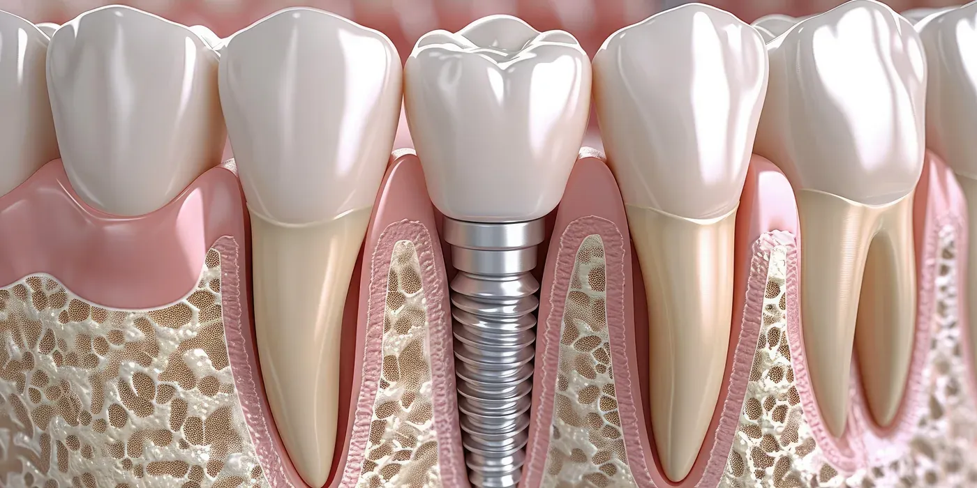 A titanium dental implant anchored in the jawbone alongside natural tooth roots