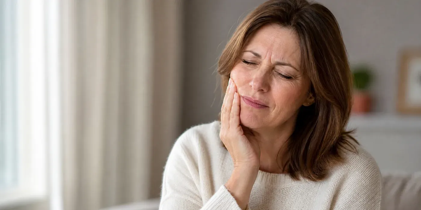 A woman holding the side of her cheek while experiencing tooth pain