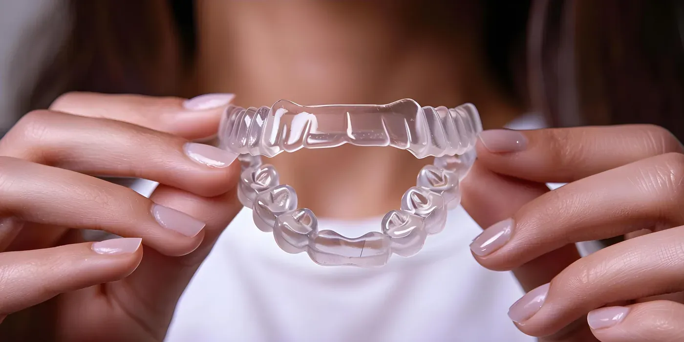 A patient holding a clear custom night guard used to relieve jaw clenching and TMJ pain