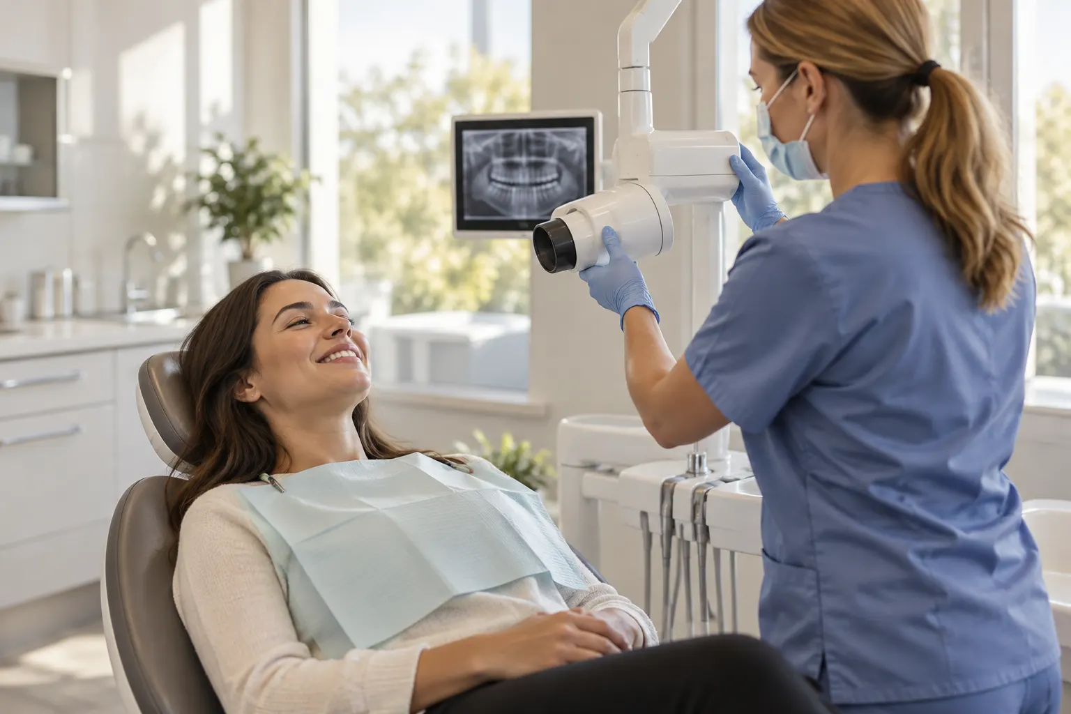 Smiling patient in the dental chair as a hygienist positions a digital x-ray unit