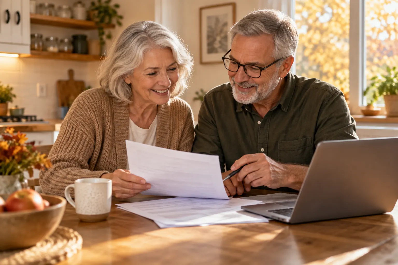 Retired couple at their kitchen table reviewing affordable dental care options in Grandville, MI
